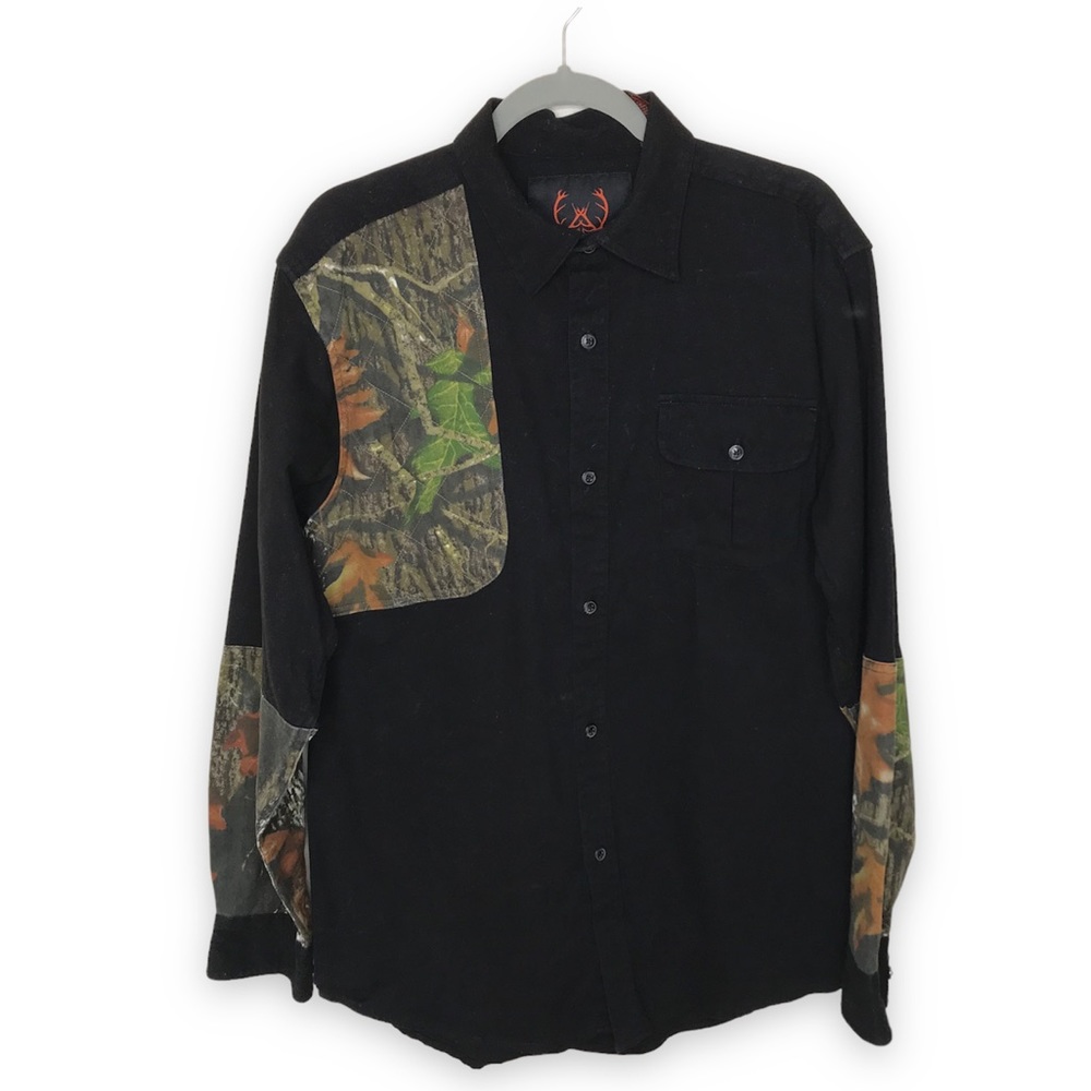 Tallwoods Mossy Oak Shooting Hunting Black Button Up Shirt Men's Size Large